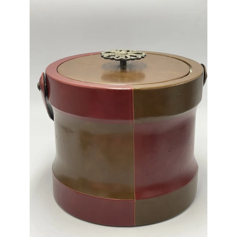 Ice Bucket Faux Brown Leather 1960s MCM Cocktails Academia Barware